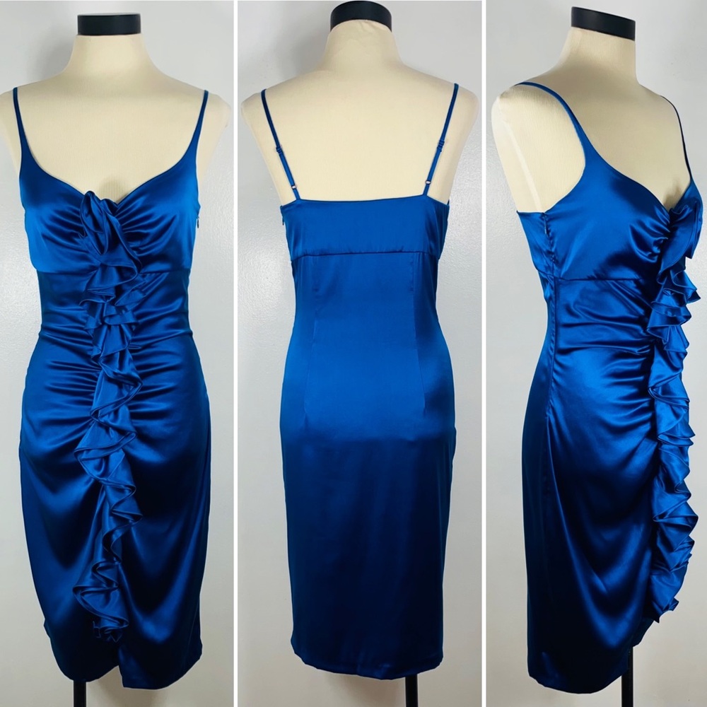 SUSANA MONACO Silk Satin Slip Dress sz 4 Ruched Ruffle Blue Evening Cocktail